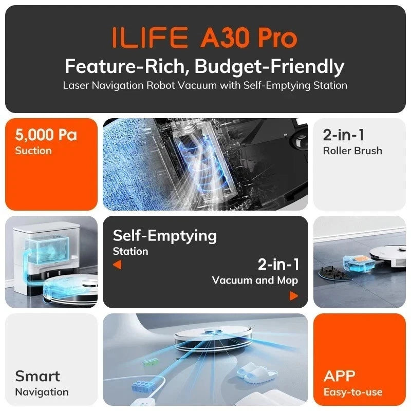 ILIFE A30 PRO 5000Pa Suction, Robot Vacuum and Mop Combo - SM Nexus Mart