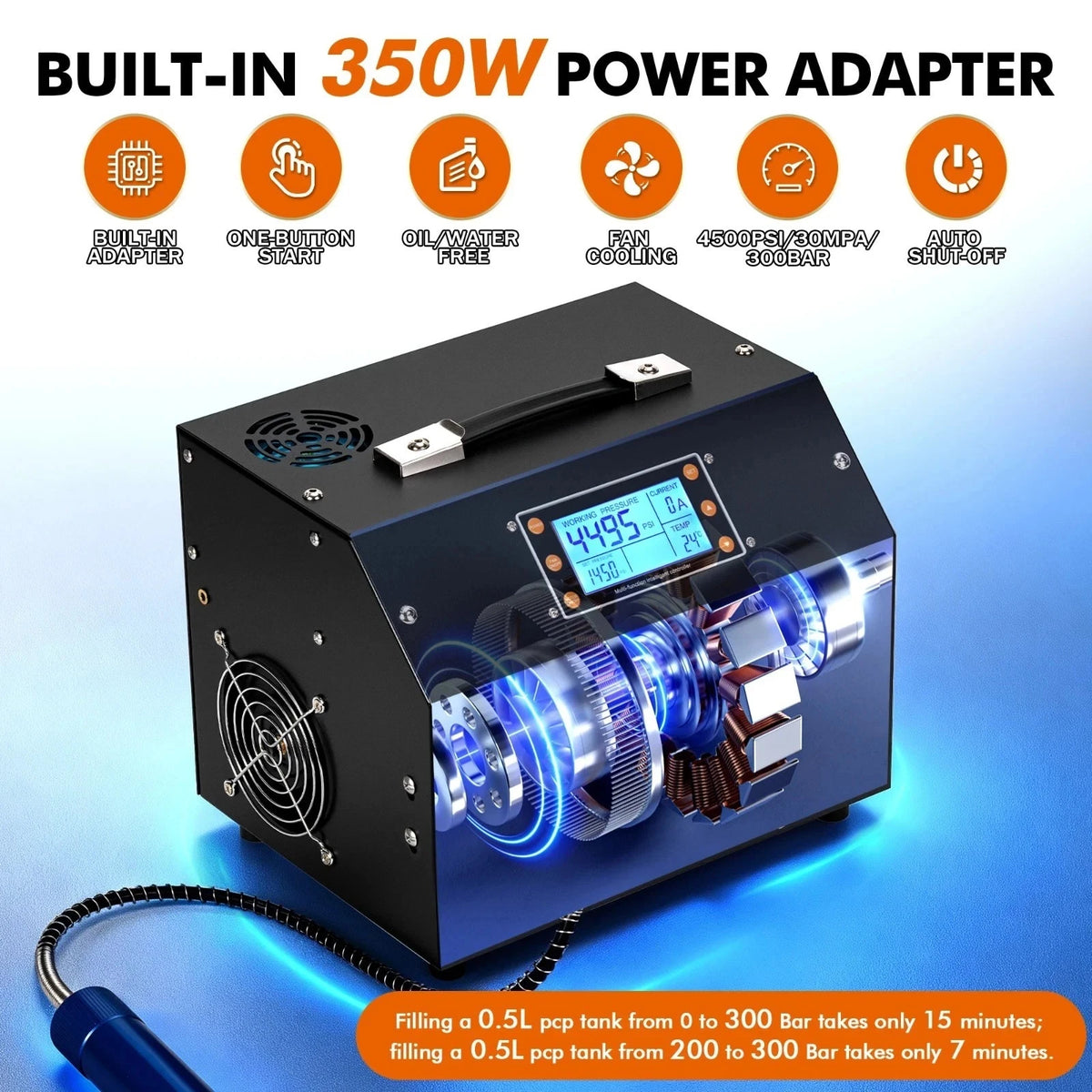 4500PSI PCP Air Compressor 300Bar Digital LCD Control Built-in Power Adapter UK - SM Nexus Mart